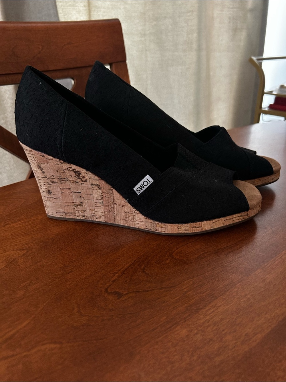 TOMS Black Cork Wedge Peep-Toe Pumps